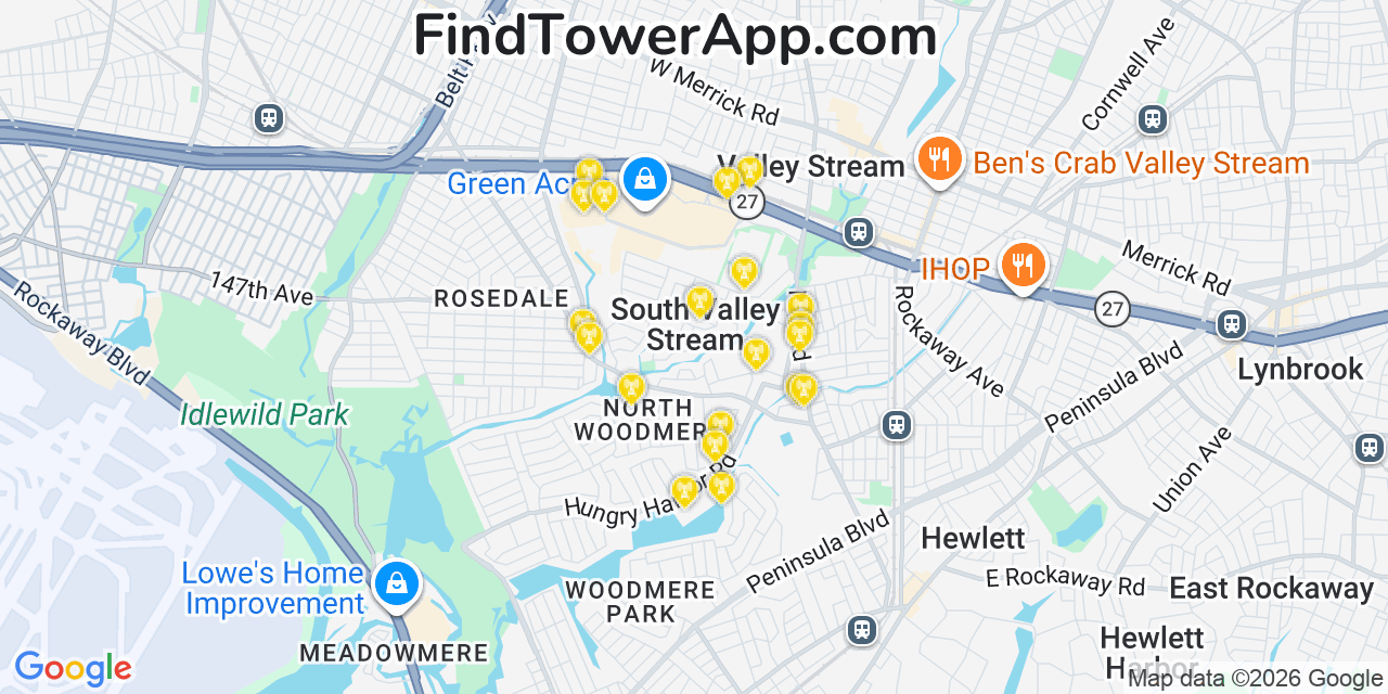 Map showing the 20 primary cell tower locations detected in South Valley Stream, New York from AT&T, Verizon, and T-Mobile networks