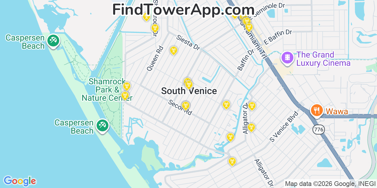 Map showing the 20 primary cell tower locations detected in South Venice, Florida from AT&T, Verizon, and T-Mobile networks