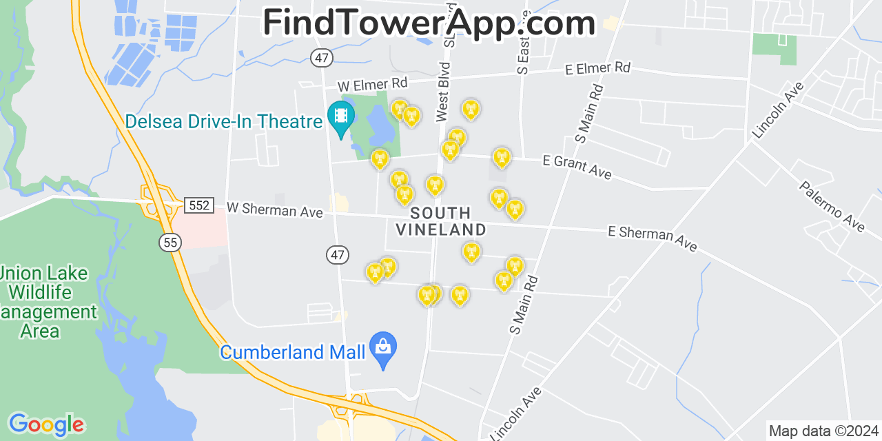 AT&T 4G/5G cell tower coverage map South Vineland, New Jersey