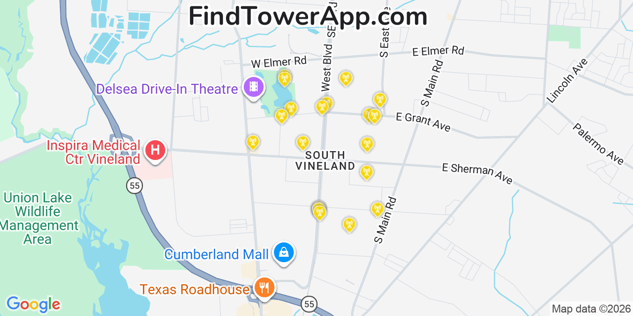 Map showing the 20 primary cell tower locations detected in South Vineland, New Jersey from AT&T, Verizon, and T-Mobile networks