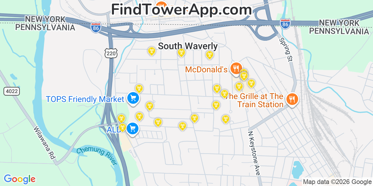 Map showing the 20 primary cell tower locations detected in South Waverly, Pennsylvania from AT&T, Verizon, and T-Mobile networks