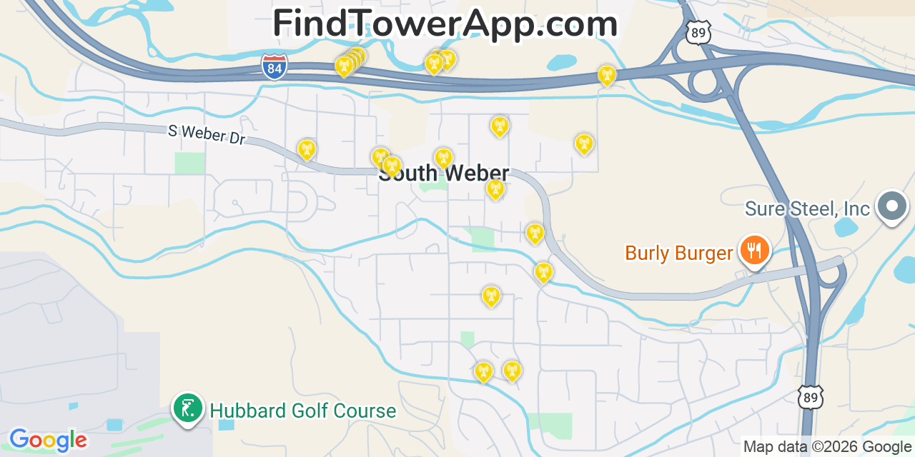 Map showing the 20 primary cell tower locations detected in South Weber, Utah from AT&T, Verizon, and T-Mobile networks
