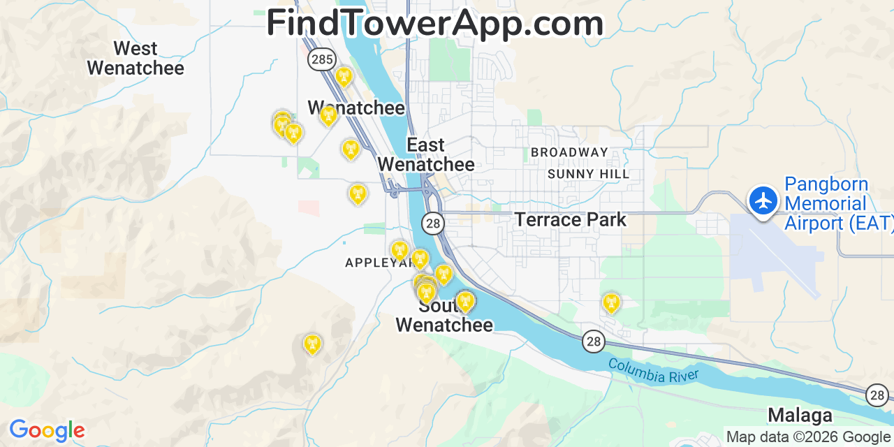 Map showing the 20 primary cell tower locations detected in South Wenatchee, Washington from AT&T, Verizon, and T-Mobile networks