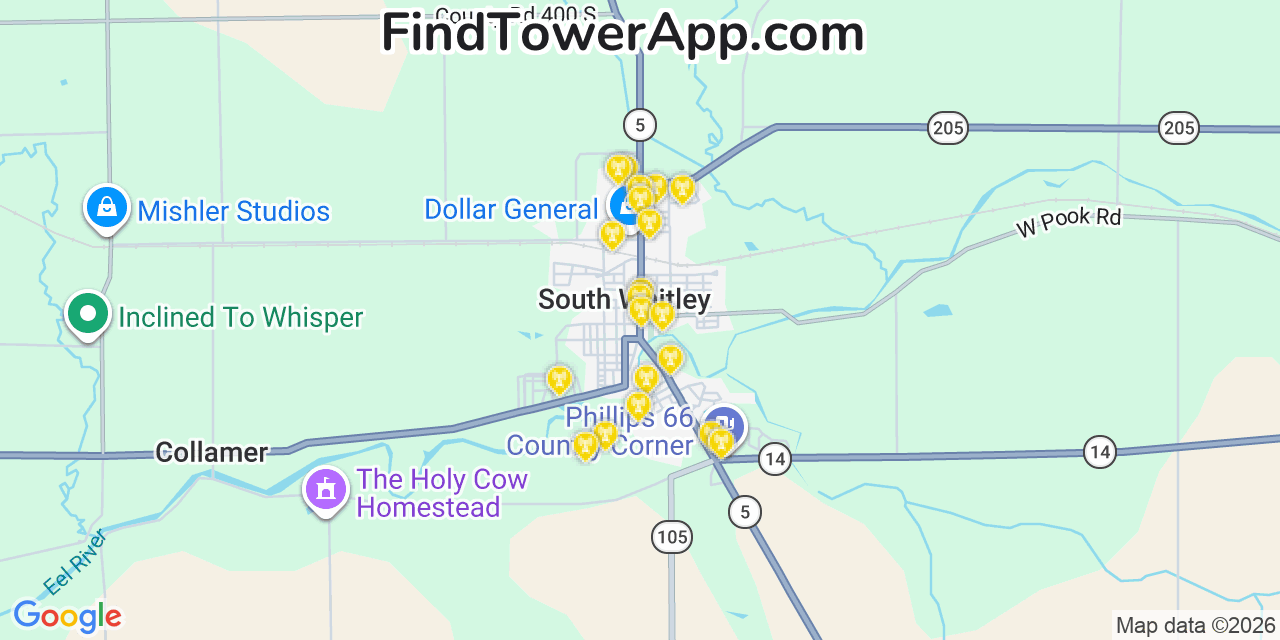Map showing the 20 primary cell tower locations detected in South Whitley, Indiana from AT&T, Verizon, and T-Mobile networks