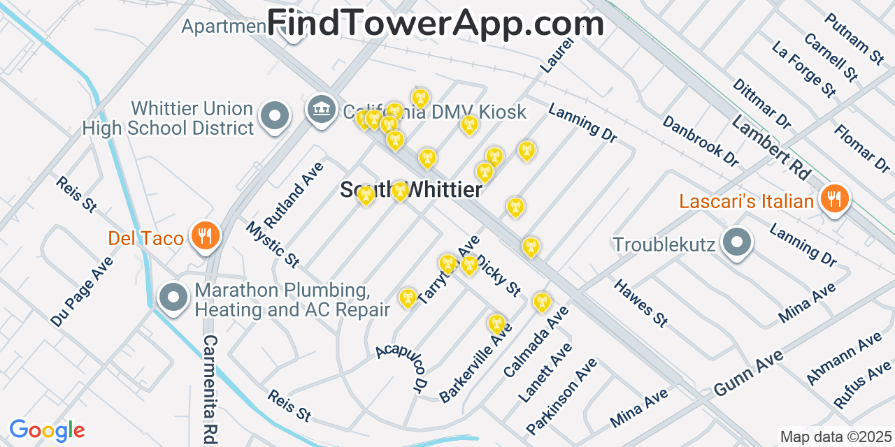 Map showing the 20 primary cell tower locations detected in South Whittier, California from AT&T, Verizon, and T-Mobile networks
