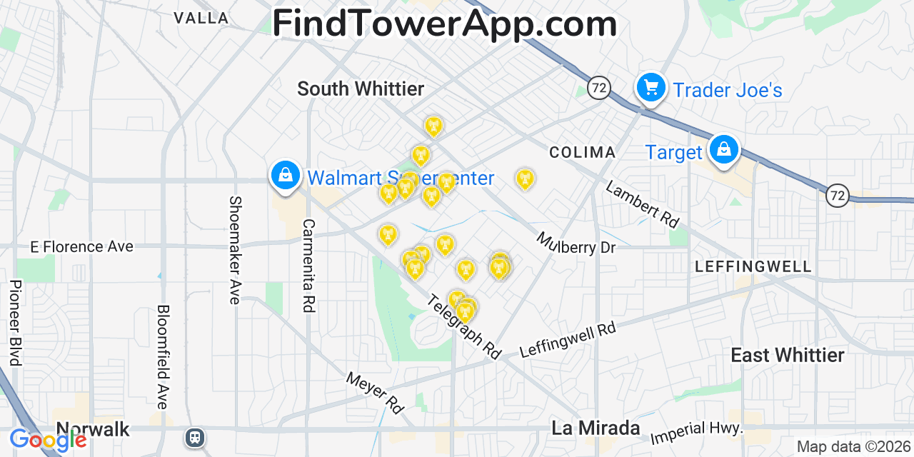 Map showing the 20 primary cell tower locations detected in South Whittier, California from AT&T, Verizon, and T-Mobile networks