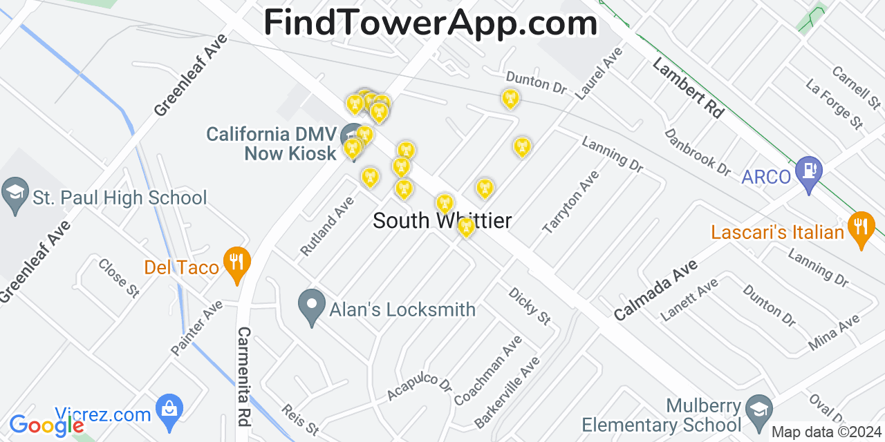 Verizon 4G/5G cell tower coverage map South Whittier, California