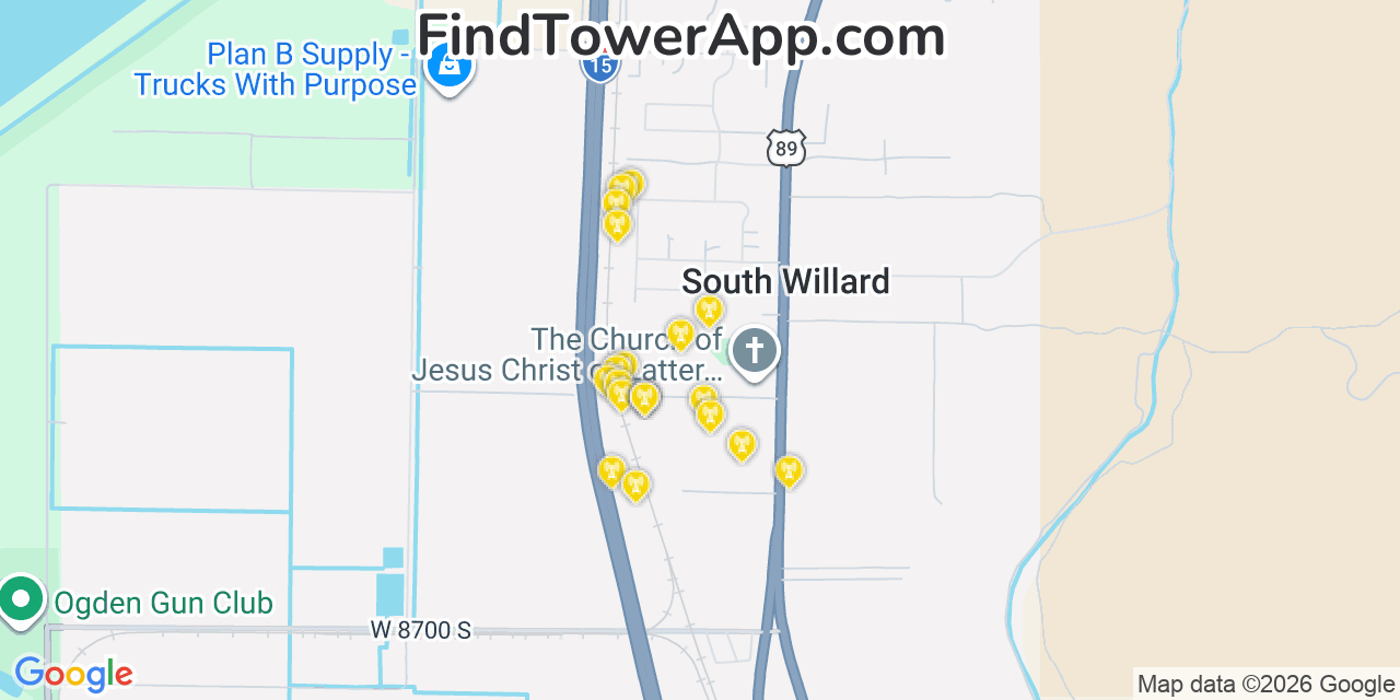 Map showing the 20 primary cell tower locations detected in South Willard, Utah from AT&T, Verizon, and T-Mobile networks
