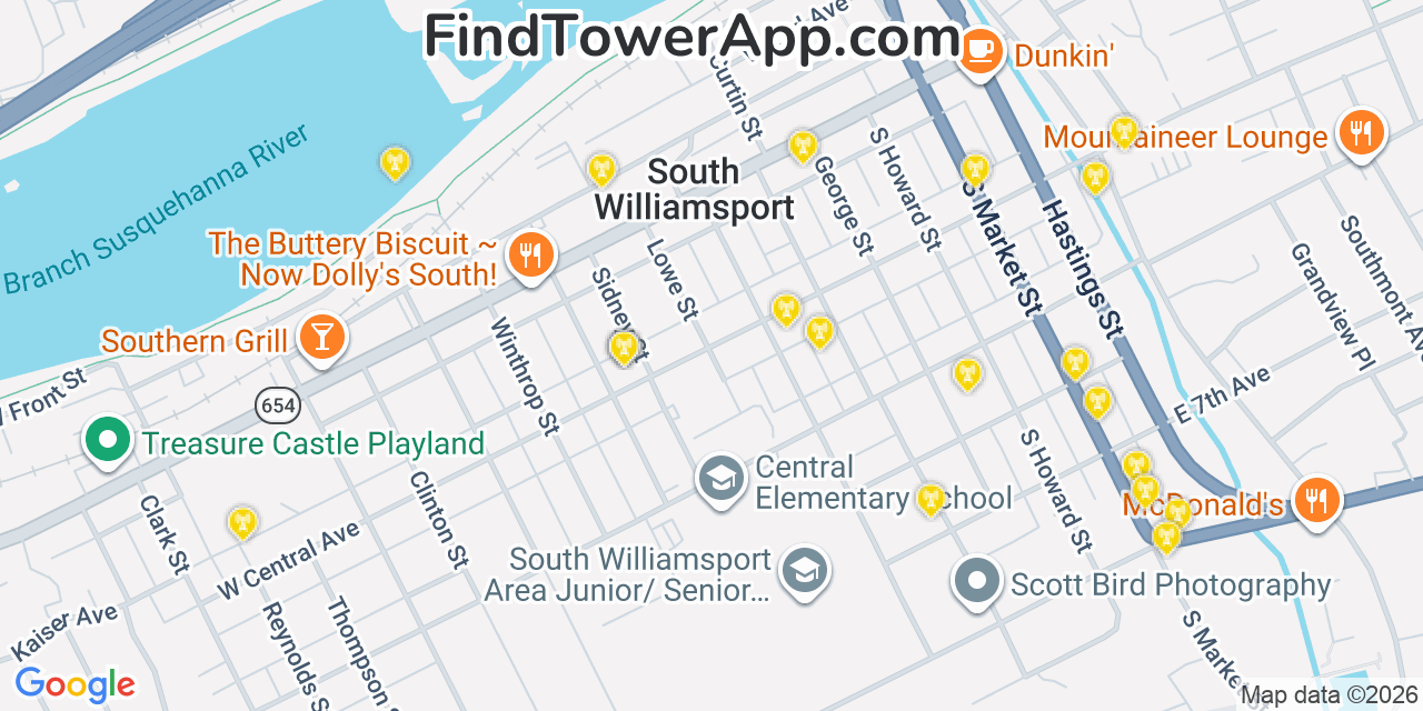 Map showing the 20 primary cell tower locations detected in South Williamsport, Pennsylvania from AT&T, Verizon, and T-Mobile networks