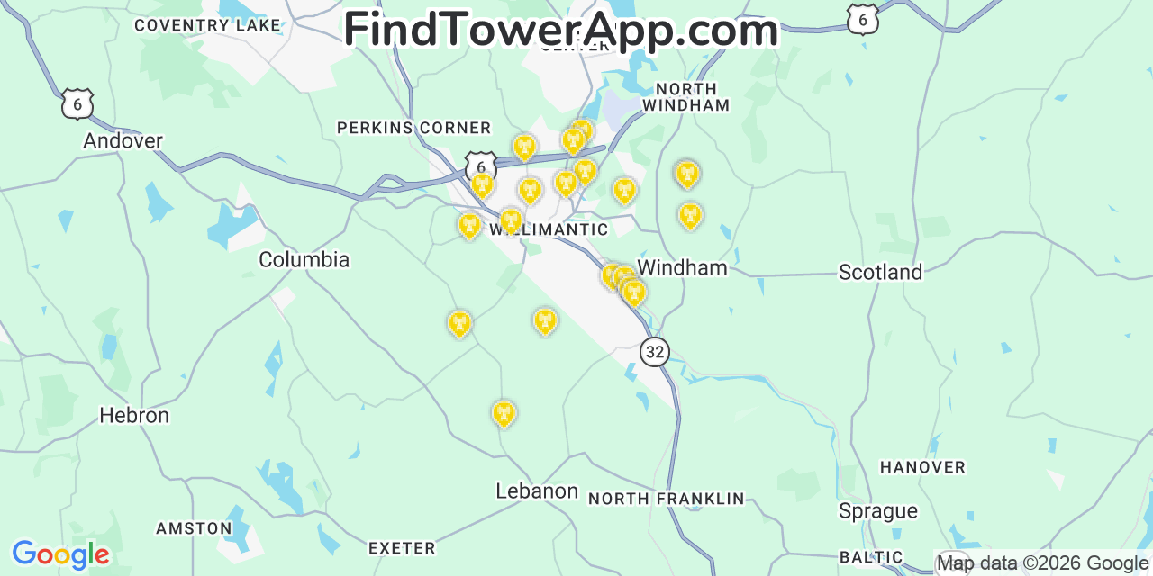 Map showing the 20 primary cell tower locations detected in South Windham, Connecticut from AT&T, Verizon, and T-Mobile networks