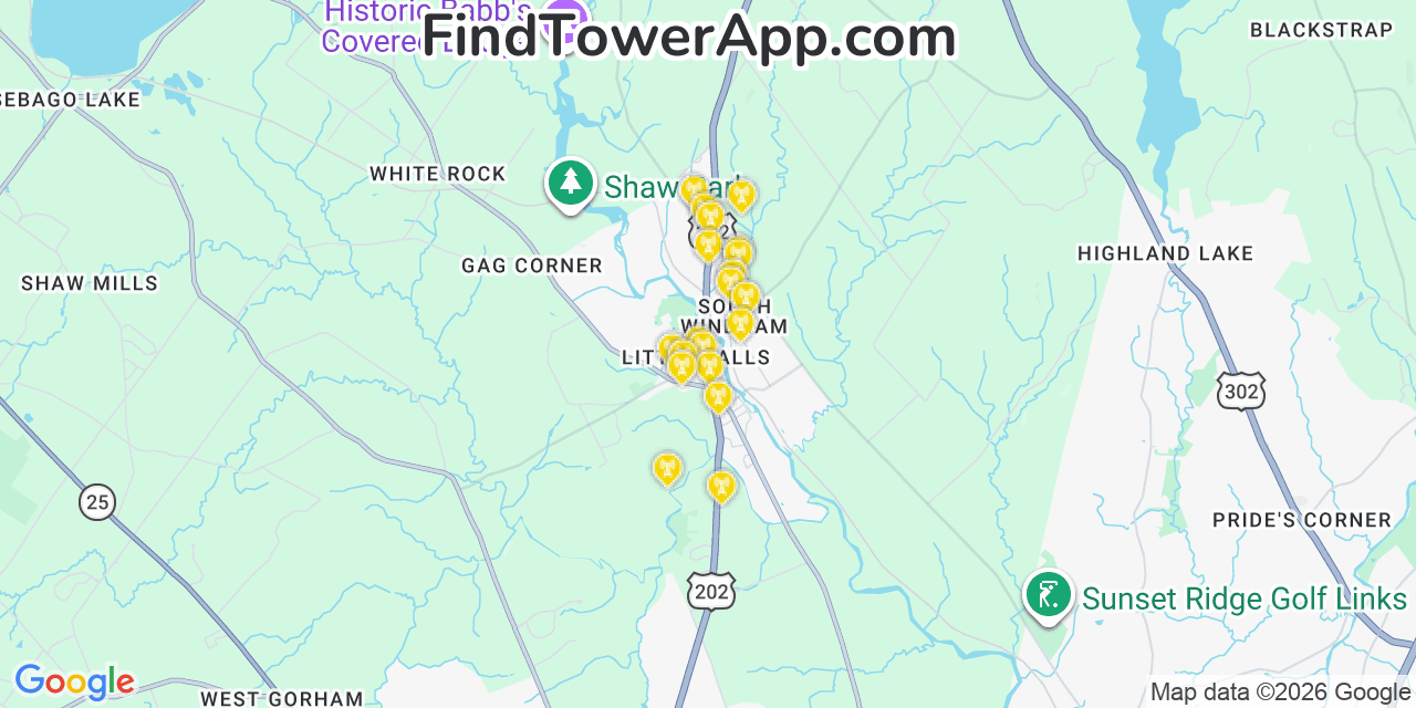 Map showing the 20 primary cell tower locations detected in South Windham, Maine from AT&T, Verizon, and T-Mobile networks