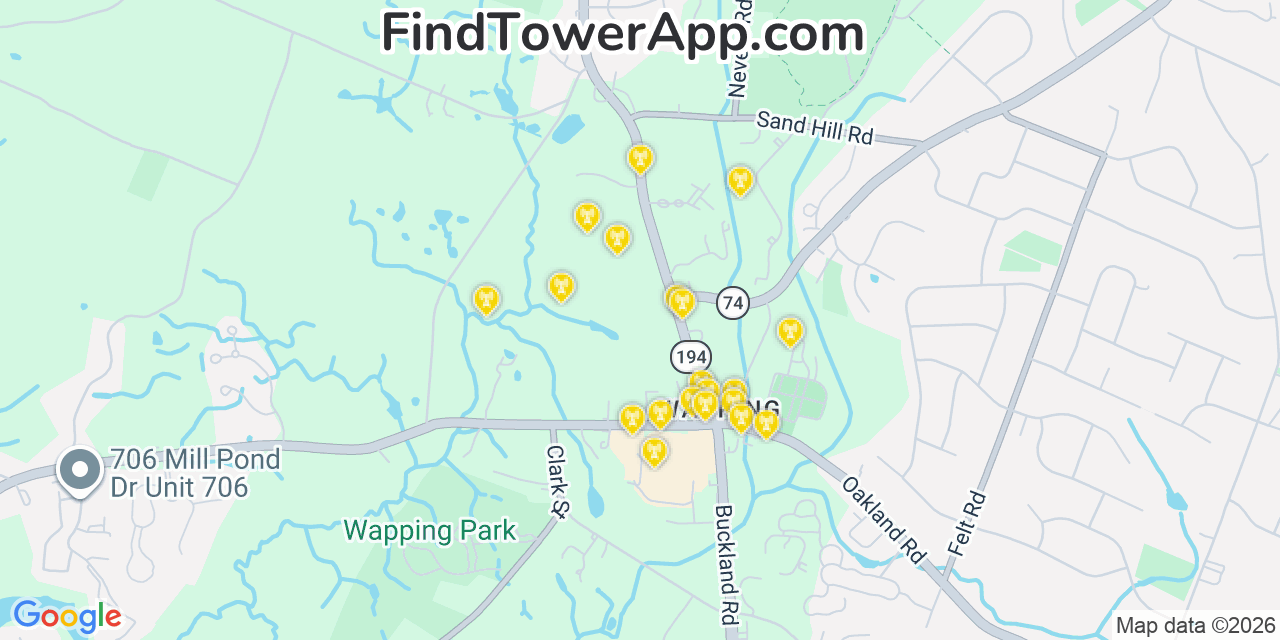 Map showing the 20 primary cell tower locations detected in South Windsor, Connecticut from AT&T, Verizon, and T-Mobile networks