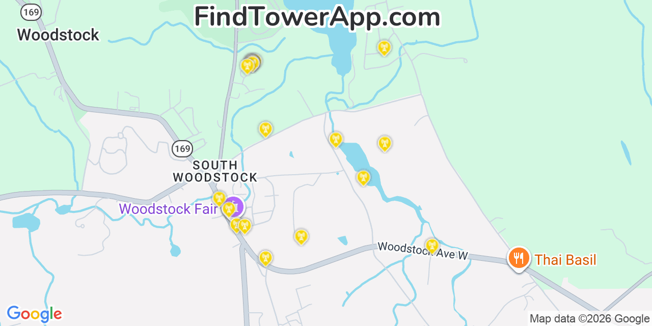 Map showing the 20 primary cell tower locations detected in South Woodstock, Connecticut from AT&T, Verizon, and T-Mobile networks