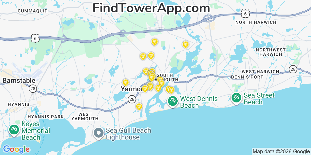 Map showing the 20 primary cell tower locations detected in South Yarmouth, Massachusetts from AT&T, Verizon, and T-Mobile networks