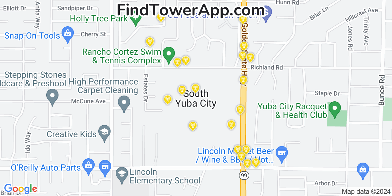 AT&T 4G/5G cell tower coverage map South Yuba City, California