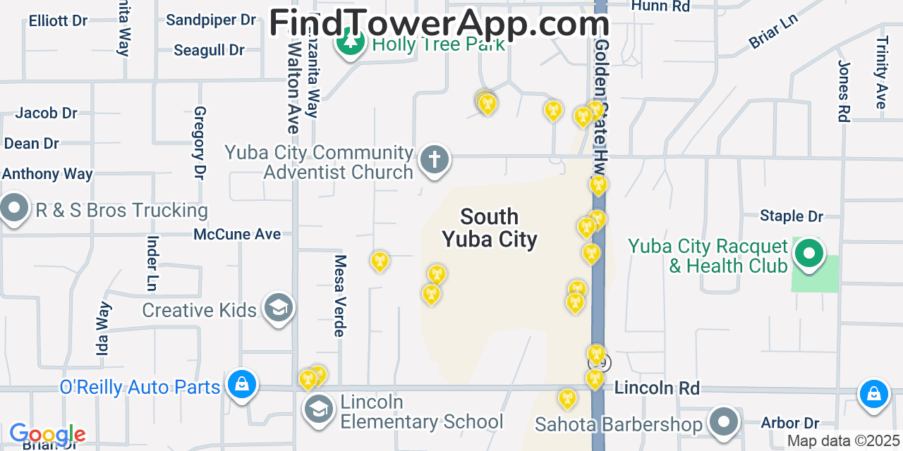 Map showing the 20 primary cell tower locations detected in South Yuba City, California from AT&T, Verizon, and T-Mobile networks