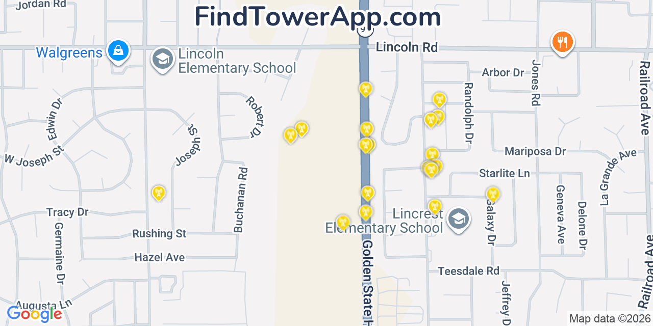Map showing the 20 primary cell tower locations detected in South Yuba City, California from AT&T, Verizon, and T-Mobile networks