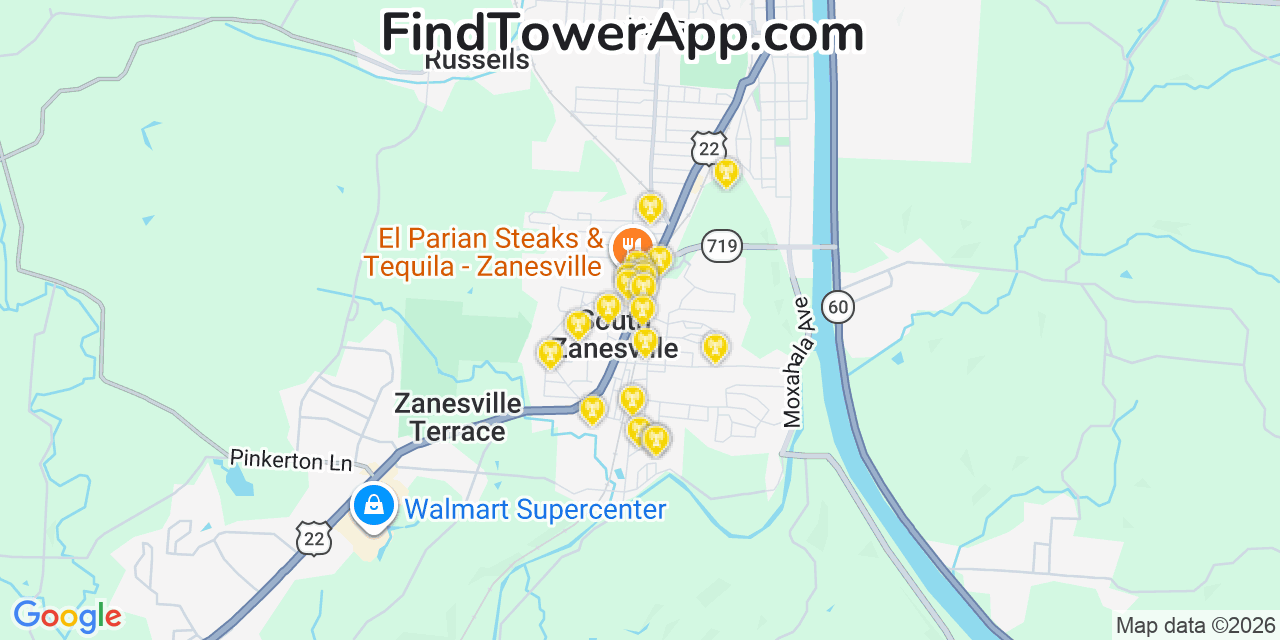 Map showing the 20 primary cell tower locations detected in South Zanesville, Ohio from AT&T, Verizon, and T-Mobile networks