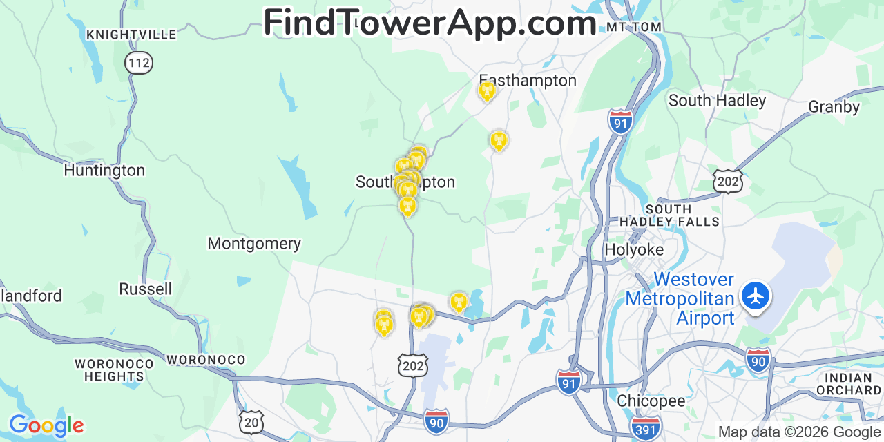 Map showing the 20 primary cell tower locations detected in Southampton, Massachusetts from AT&T, Verizon, and T-Mobile networks