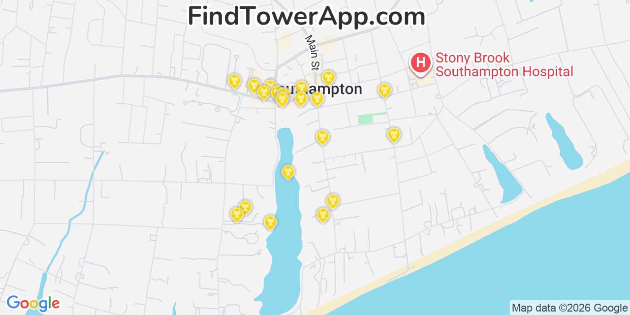 Map showing the 20 primary cell tower locations detected in Southampton, New York from AT&T, Verizon, and T-Mobile networks