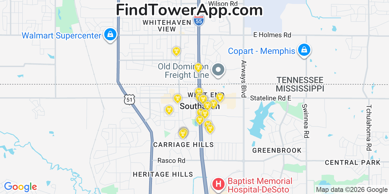 Map showing the 20 primary cell tower locations detected in Southaven, Mississippi from AT&T, Verizon, and T-Mobile networks