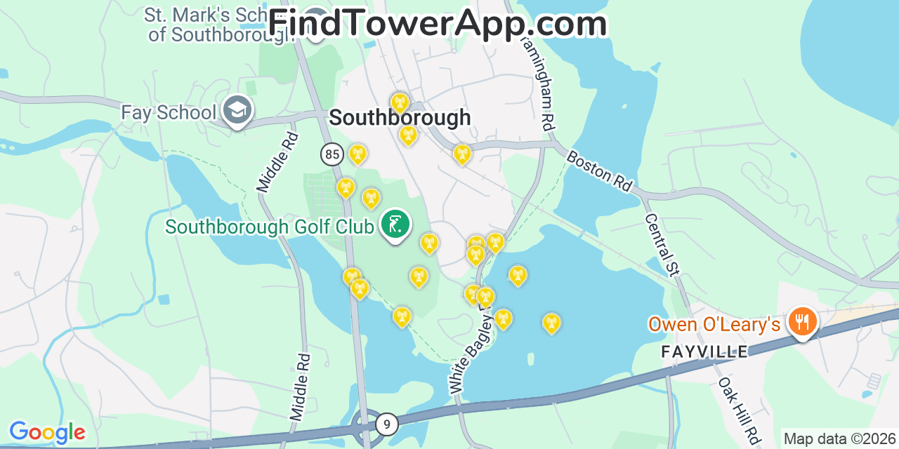 Map showing the 20 primary cell tower locations detected in Southborough, Massachusetts from AT&T, Verizon, and T-Mobile networks