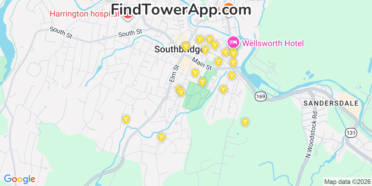 Map showing the 20 primary cell tower locations detected in Southbridge, Massachusetts from AT&T, Verizon, and T-Mobile networks