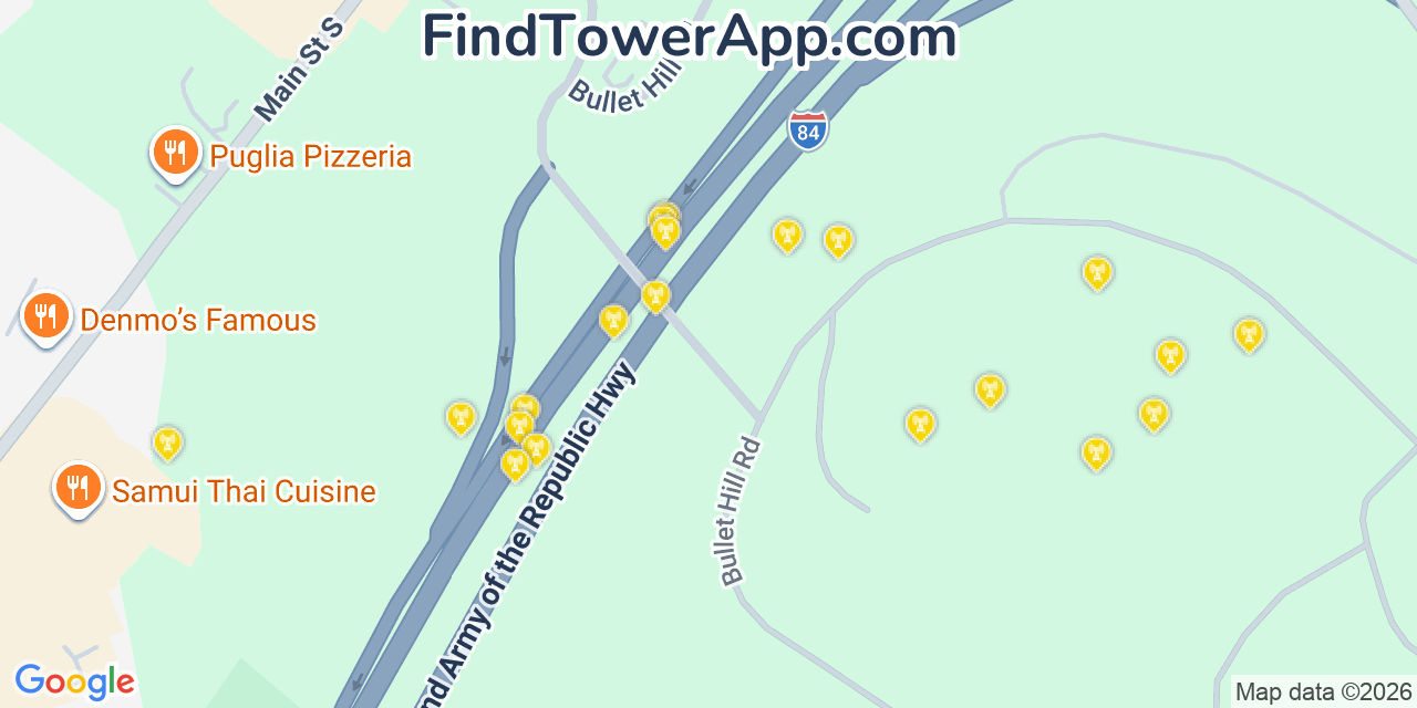 Map showing the 20 primary cell tower locations detected in Southbury, Connecticut from AT&T, Verizon, and T-Mobile networks