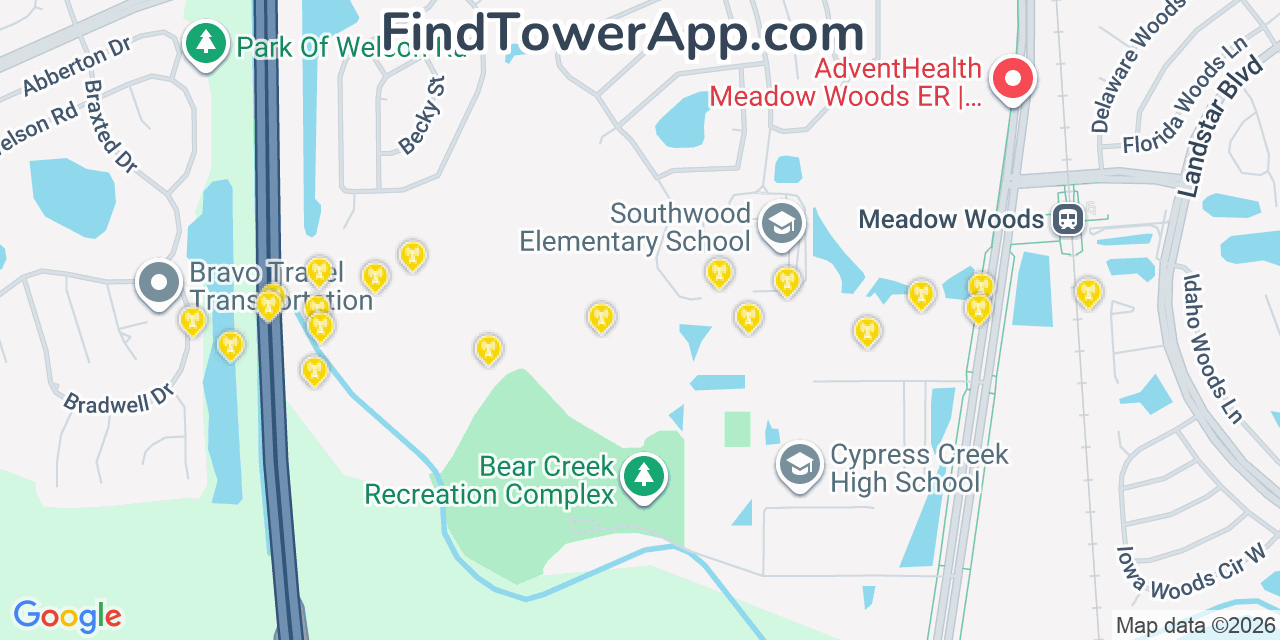 Map showing the 20 primary cell tower locations detected in Southchase, Florida from AT&T, Verizon, and T-Mobile networks