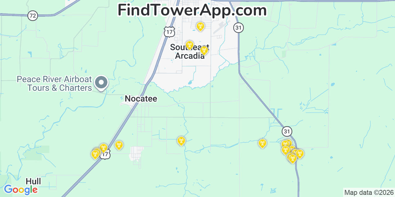 Map showing the 20 primary cell tower locations detected in Southeast Arcadia, Florida from AT&T, Verizon, and T-Mobile networks
