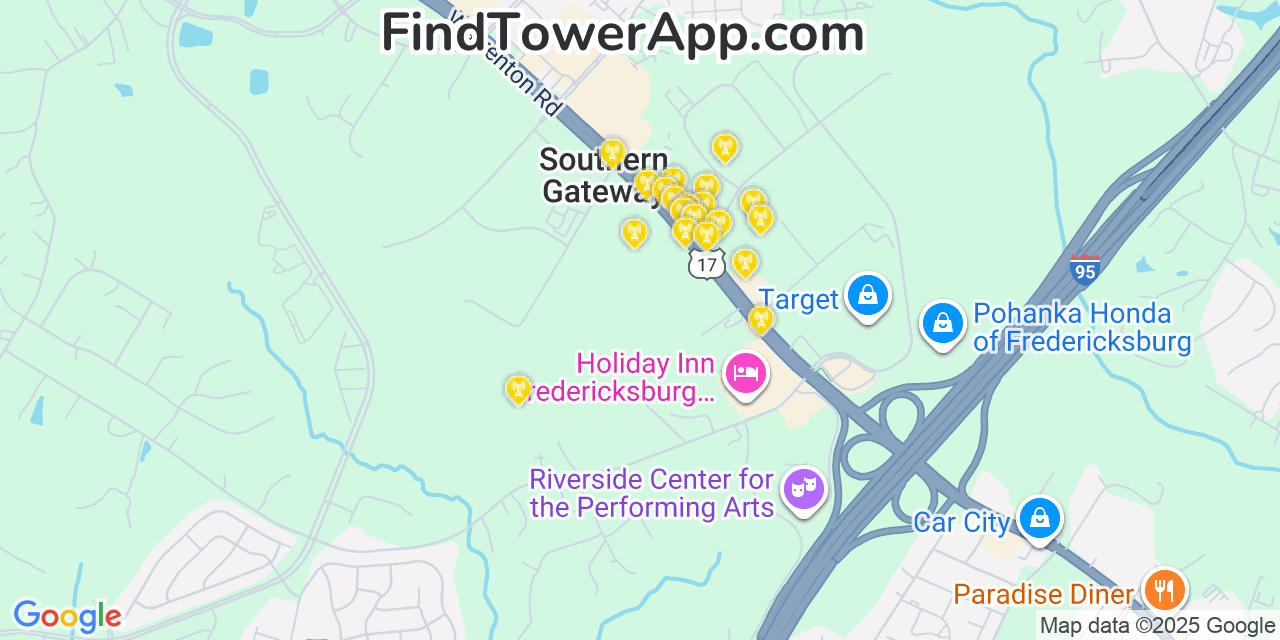 Map showing the 20 primary cell tower locations detected in Southern Gateway, Virginia from AT&T, Verizon, and T-Mobile networks