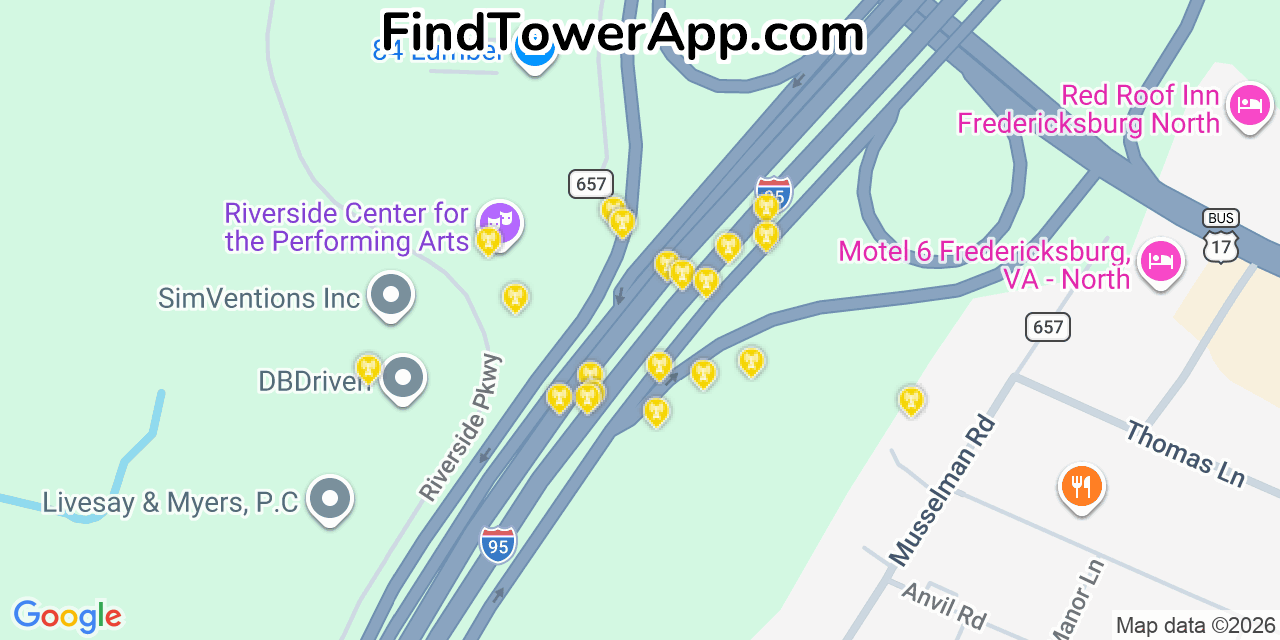 Map showing the 20 primary cell tower locations detected in Southern Gateway, Virginia from AT&T, Verizon, and T-Mobile networks