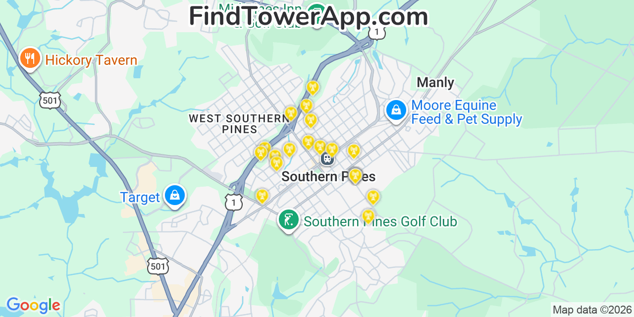 Map showing the 20 primary cell tower locations detected in Southern Pines, North Carolina from AT&T, Verizon, and T-Mobile networks