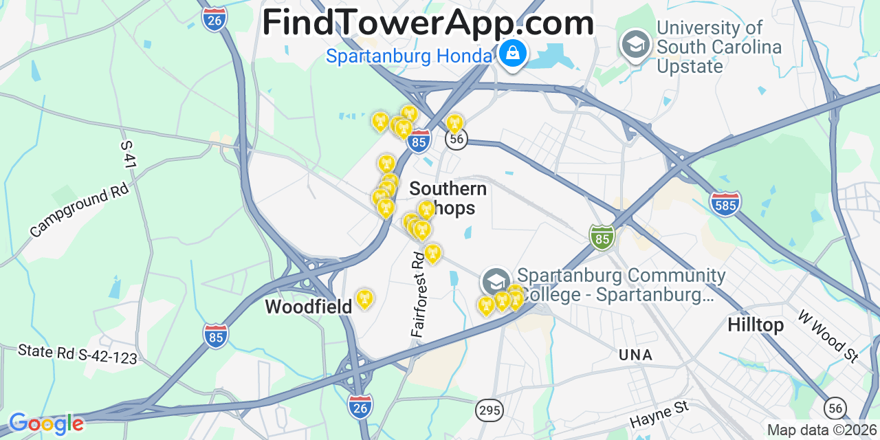 Map showing the 20 primary cell tower locations detected in Southern Shops, South Carolina from AT&T, Verizon, and T-Mobile networks
