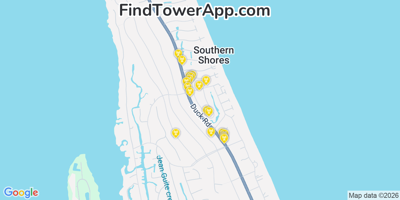 Map showing the 20 primary cell tower locations detected in Southern Shores, North Carolina from AT&T, Verizon, and T-Mobile networks