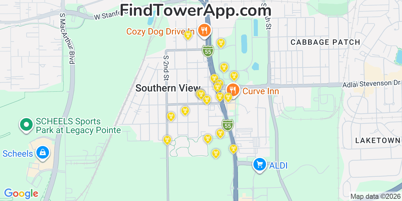 Map showing the 20 primary cell tower locations detected in Southern View, Illinois from AT&T, Verizon, and T-Mobile networks