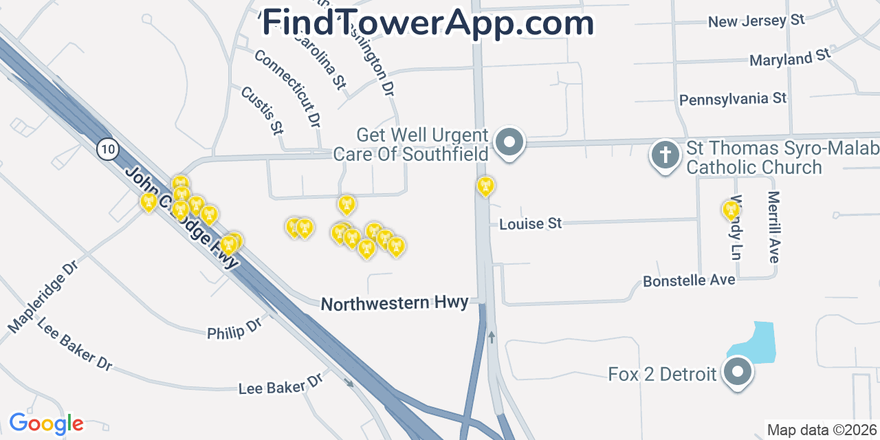 Map showing the 20 primary cell tower locations detected in Southfield, Michigan from AT&T, Verizon, and T-Mobile networks