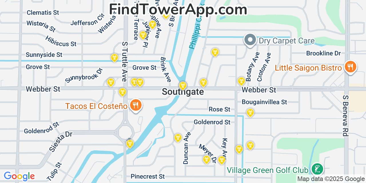Map showing the 20 primary cell tower locations detected in Southgate, Florida from AT&T, Verizon, and T-Mobile networks