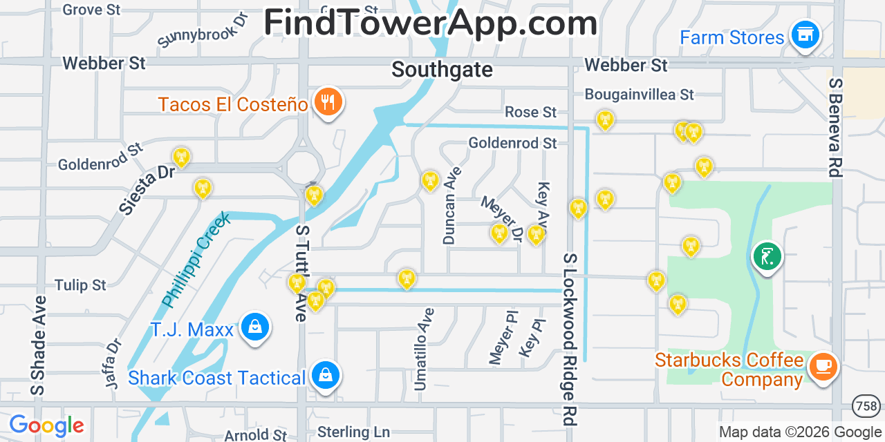 Map showing the 20 primary cell tower locations detected in Southgate, Florida from AT&T, Verizon, and T-Mobile networks