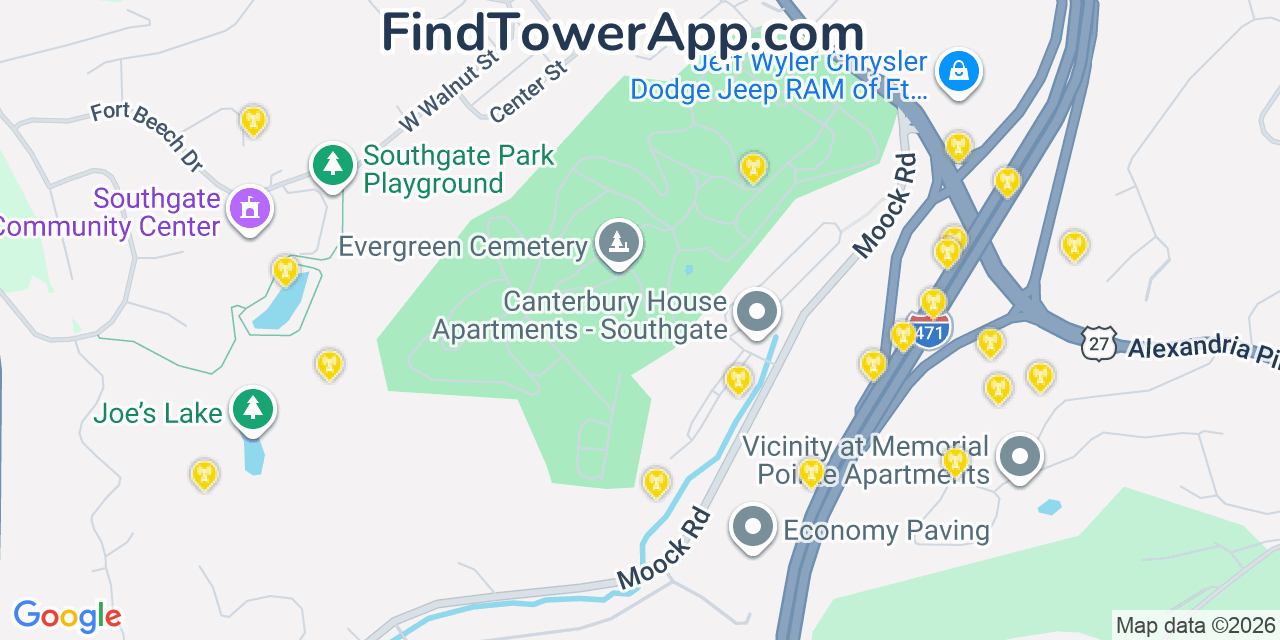 Map showing the 20 primary cell tower locations detected in Southgate, Kentucky from AT&T, Verizon, and T-Mobile networks