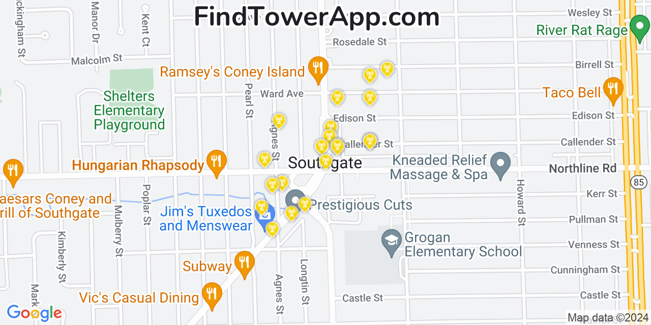 AT&T 4G/5G cell tower coverage map Southgate, Michigan