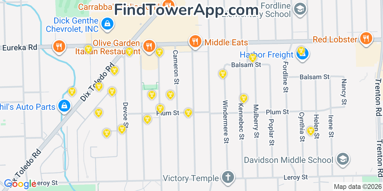 Map showing the 20 primary cell tower locations detected in Southgate, Michigan from AT&T, Verizon, and T-Mobile networks