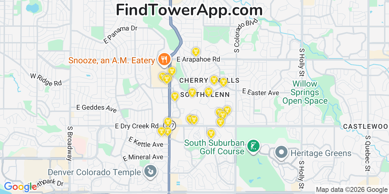 Map showing the 20 primary cell tower locations detected in Southglenn, Colorado from AT&T, Verizon, and T-Mobile networks