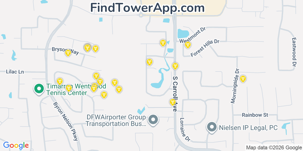 Map showing the 20 primary cell tower locations detected in Southlake, Texas from AT&T, Verizon, and T-Mobile networks
