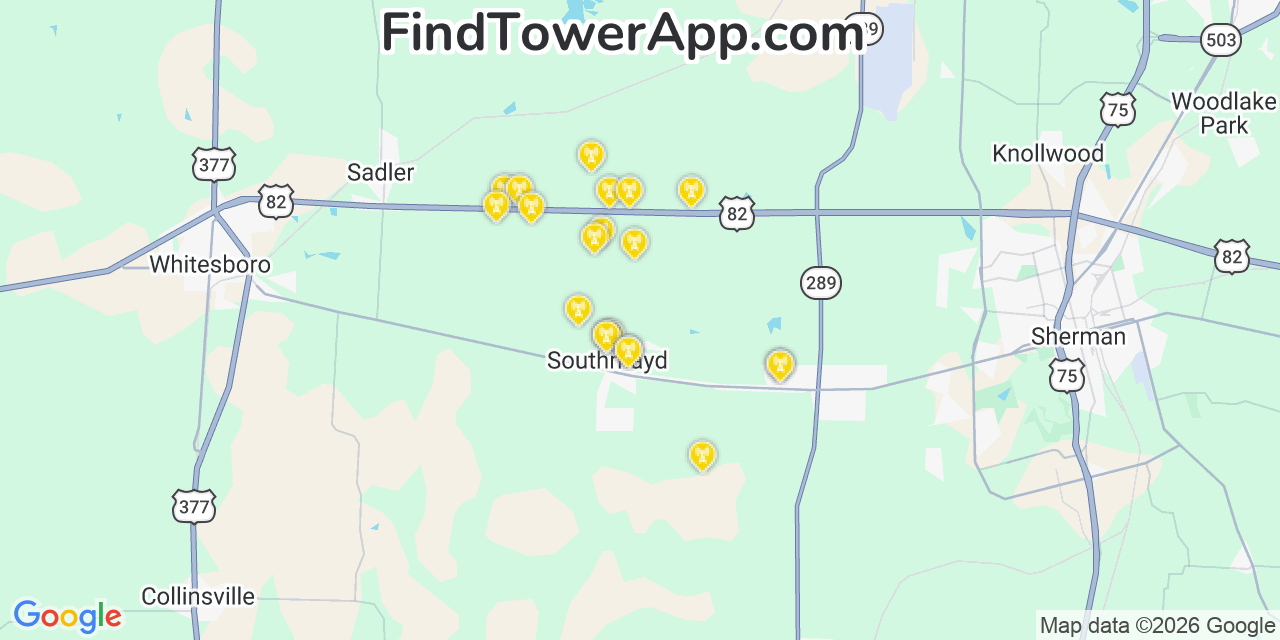 Map showing the 20 primary cell tower locations detected in Southmayd, Texas from AT&T, Verizon, and T-Mobile networks