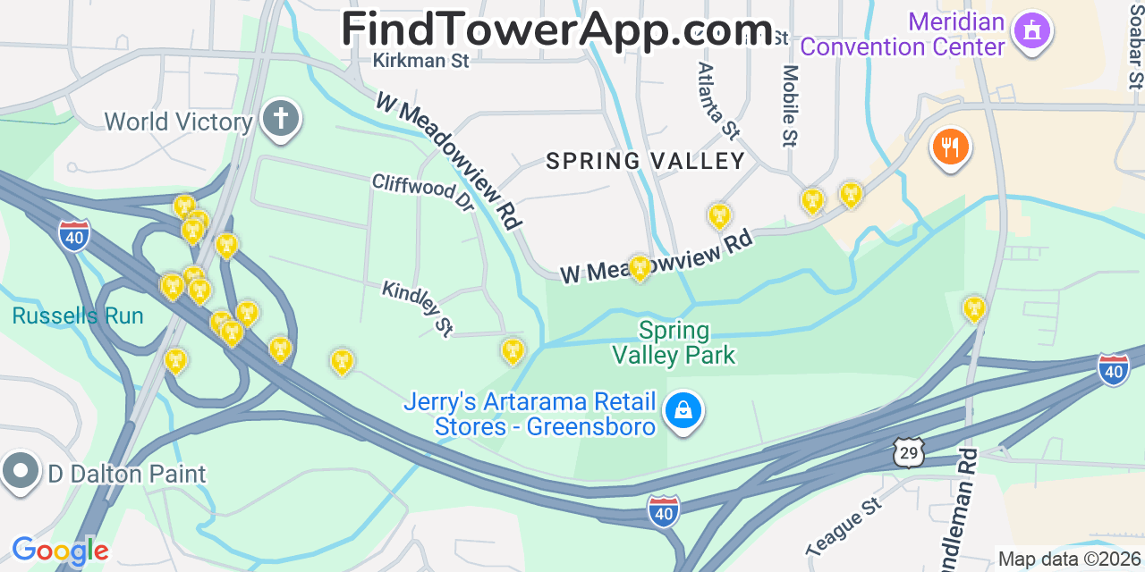 Map showing the 20 primary cell tower locations detected in Southmont, North Carolina from AT&T, Verizon, and T-Mobile networks