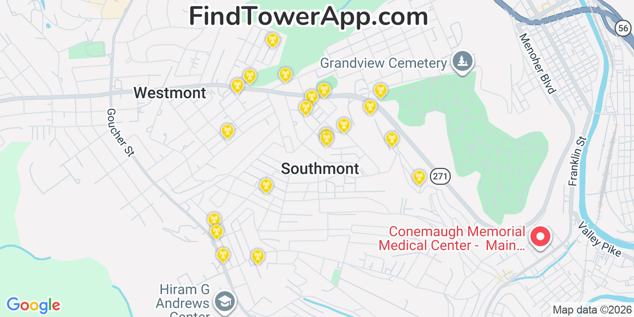 Map showing the 20 primary cell tower locations detected in Southmont, Pennsylvania from AT&T, Verizon, and T-Mobile networks