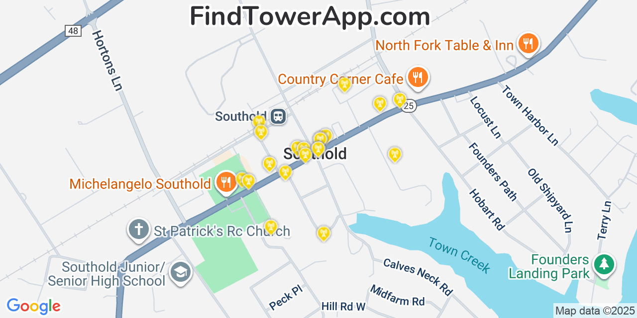 Map showing the 20 primary cell tower locations detected in Southold, New York from AT&T, Verizon, and T-Mobile networks