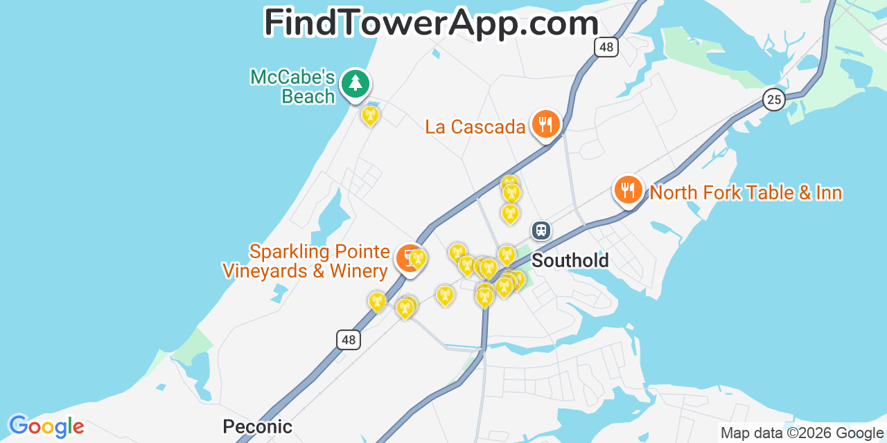 Map showing the 20 primary cell tower locations detected in Southold, New York from AT&T, Verizon, and T-Mobile networks