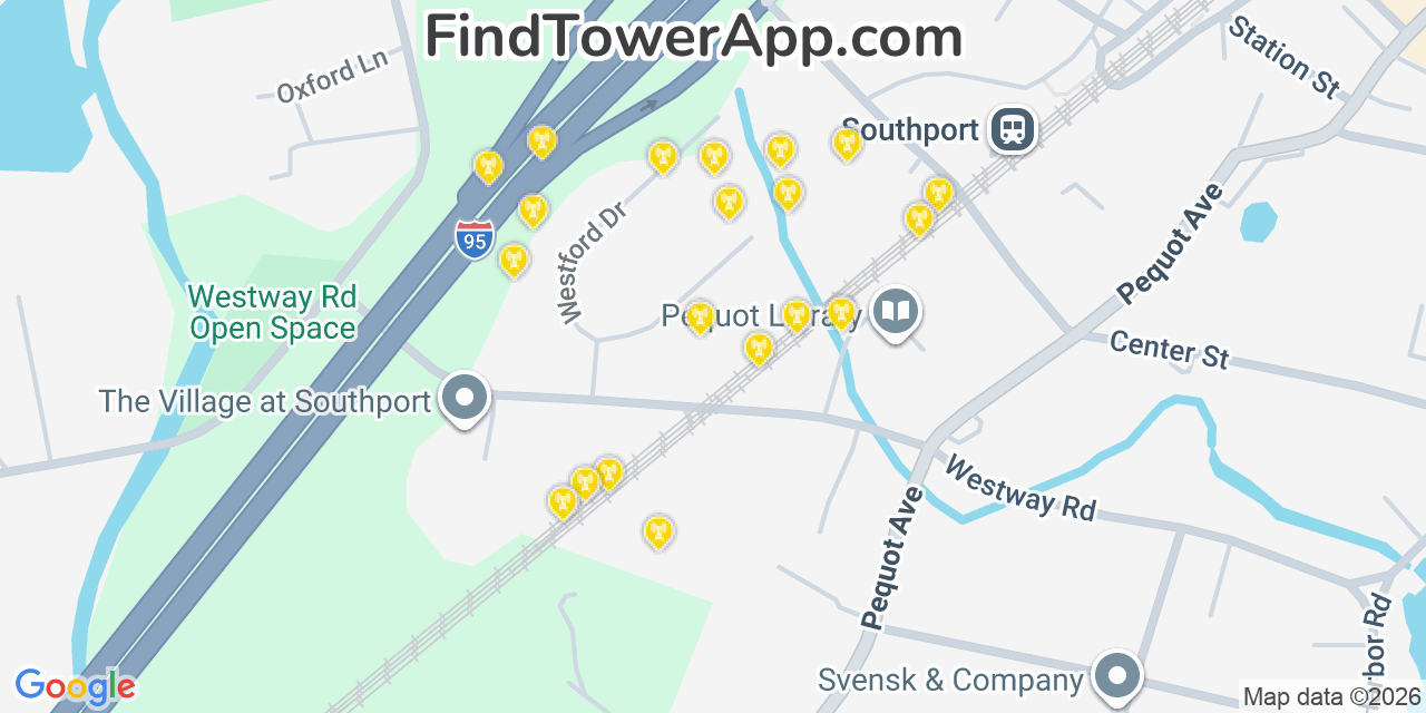 Map showing the 20 primary cell tower locations detected in Southport, Connecticut from AT&T, Verizon, and T-Mobile networks